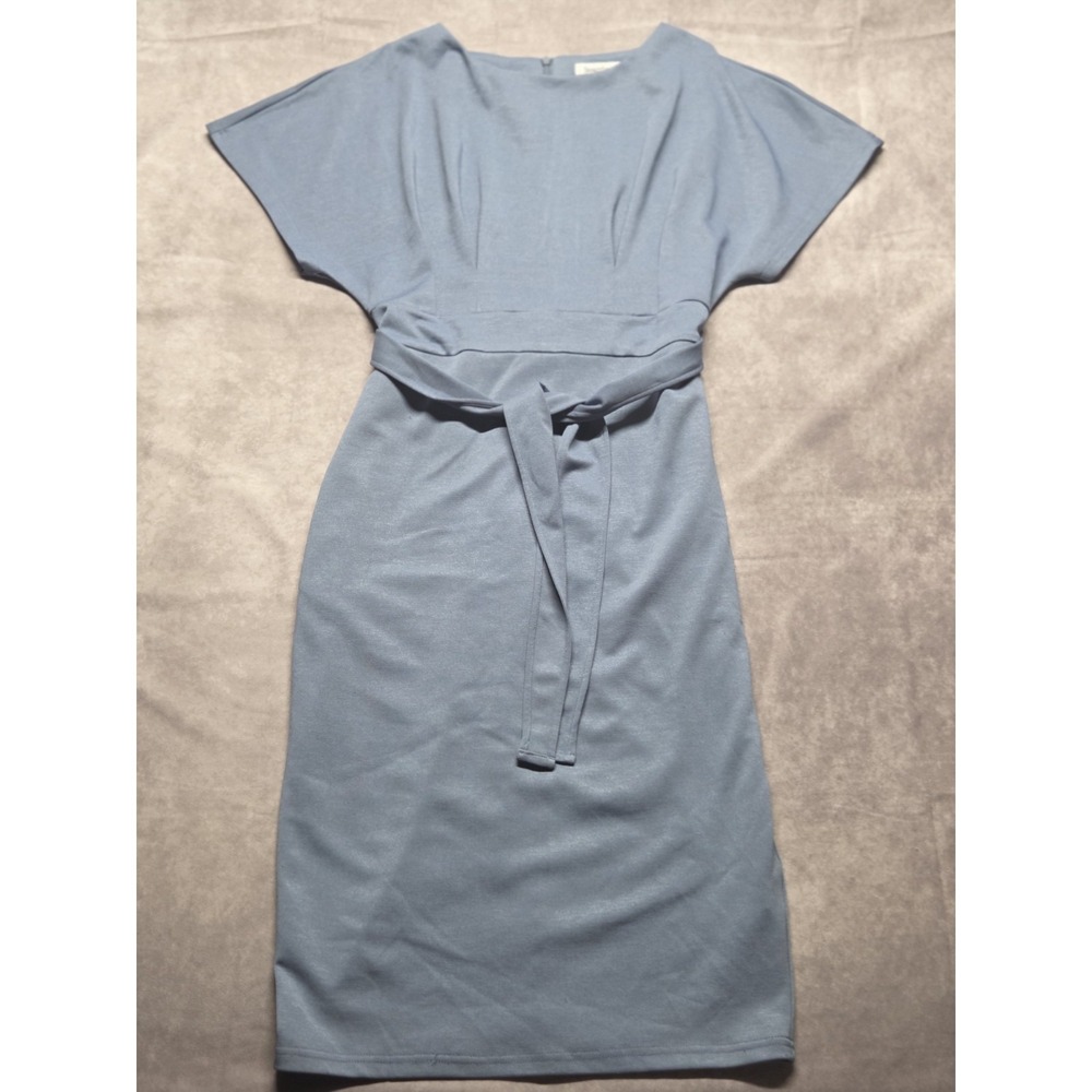 Jasambac Blue Sheath Dress Womens Small Short Sleeve Pleated Front Back Zip NWT